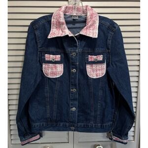 Shaver Lake Dark Wash Denim/Pink Tweed Jacket Small Pockets Button Up Collar NWT